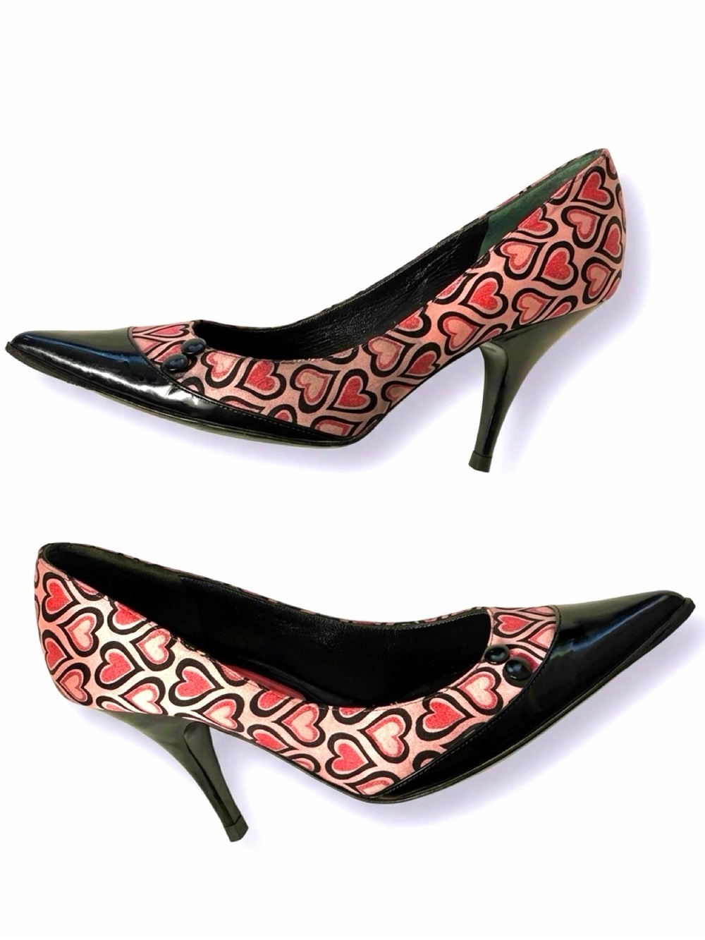Marc Jacobs VTG Y2K Black Patent Pointed Pumps, Pink Heart Satin, buttons, 6,GUC